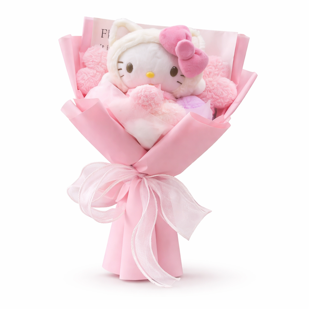 Mini Hello Kitty Bouquet featuring a cute plush doll surrounded by soft flowers in pink wrapping.