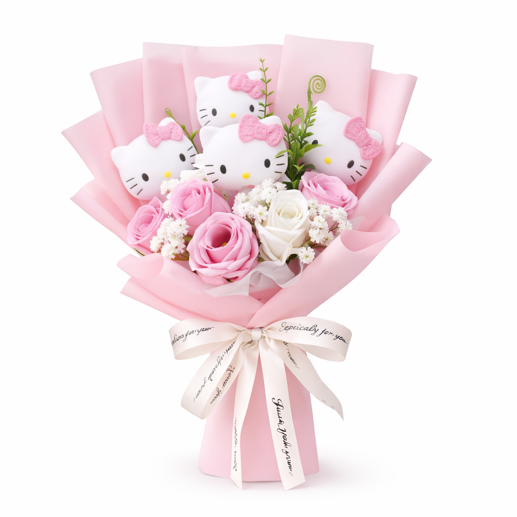 Hello Kitty Bouquet  Large Cute Plush & Flower Gift surrounded by soft flowers in pink wrapping.