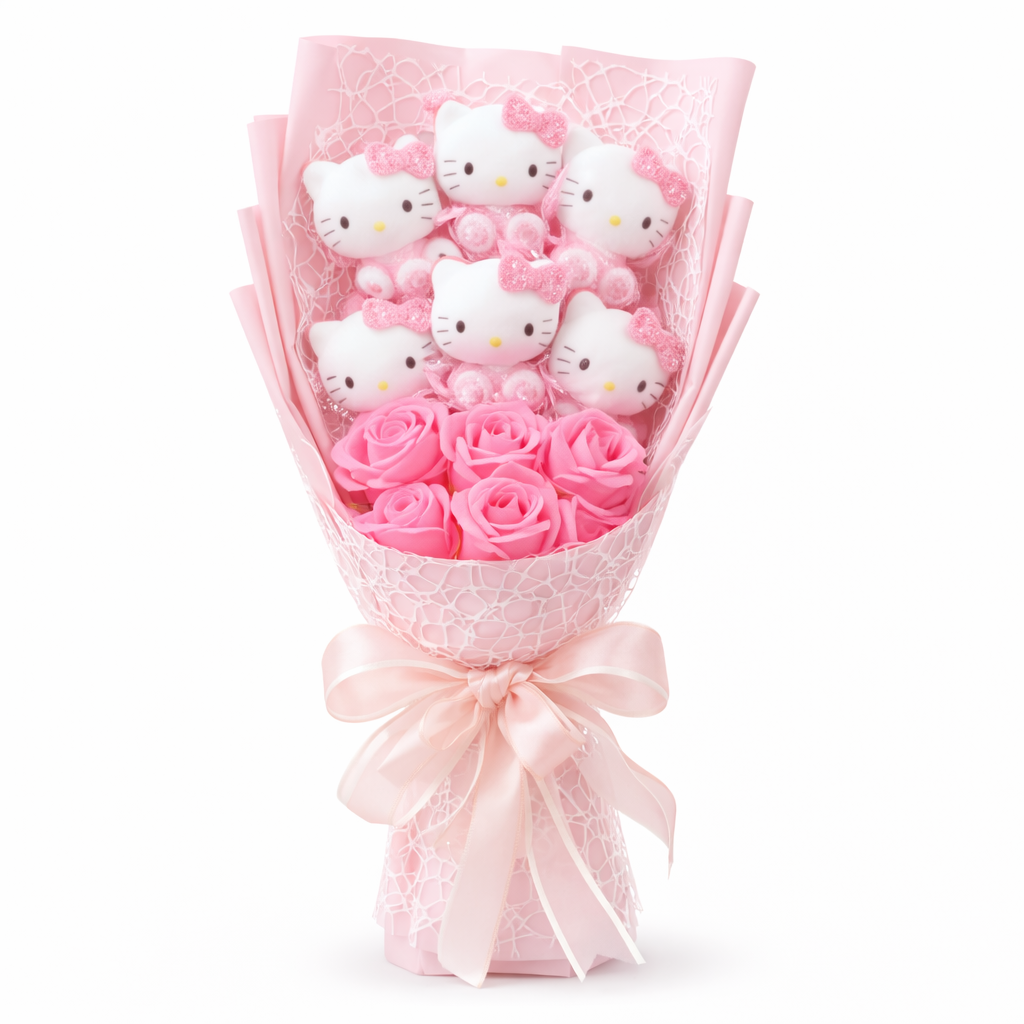 Large Hello Kitty Bouquet featuring plush characters and pink roses in a charming floral arrangement.